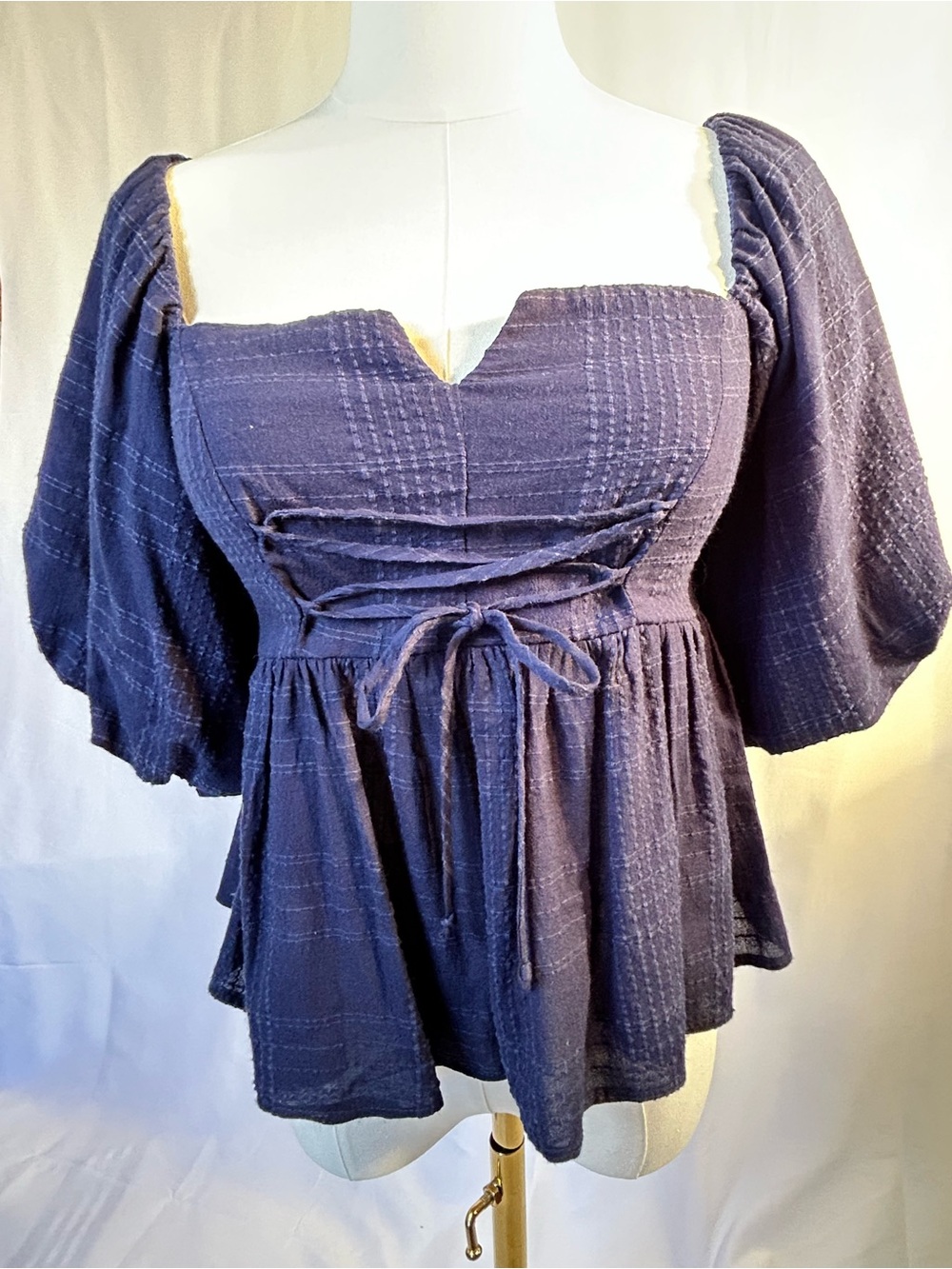 Trixxi Navy Square-Neck Peplum Top with Puff Sleeves Coquette Cottagecore Boho
